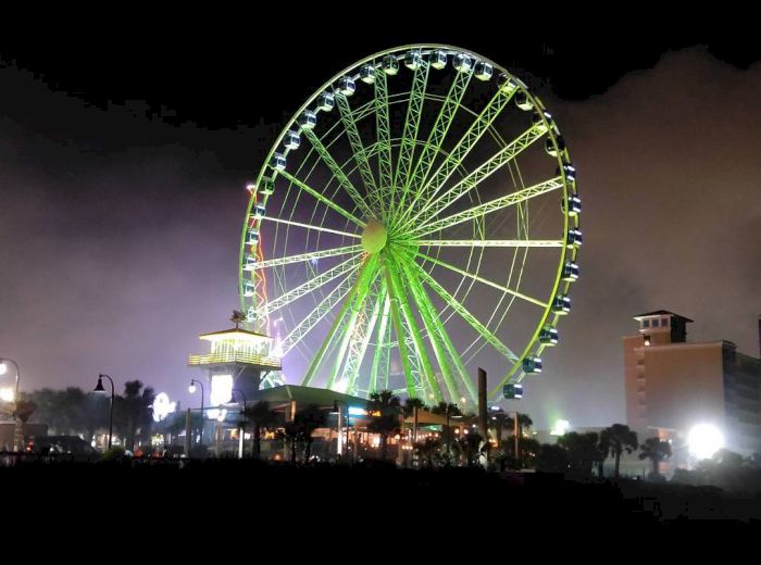 The image shows a large, illuminated Ferris wheel at night, with buildings and trees in the background. The sky is dark and slightly cloudy.